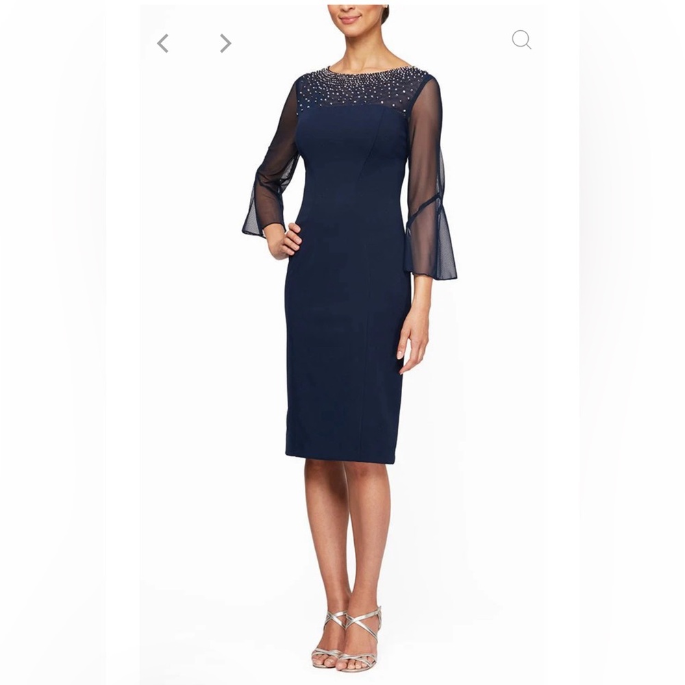 NWT Alex Evenings Sheath Crepe Dress w Embellished Illusion Mesh Neckline Sz 10